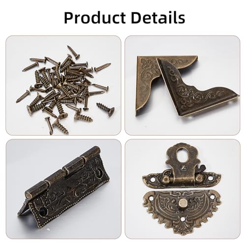 NICENEEDED Jewelry Box Hinges and Latches, Antique Engraved Latch Hasp Hinges and Box Corner Protectors Hardware Kit, Bronze Wooden Box Latch Buckle for Jewelry Box Decoration and Repair