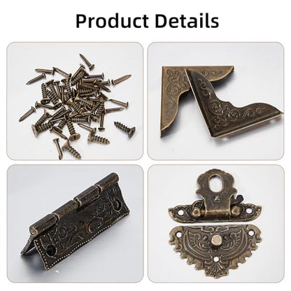 NICENEEDED Jewelry Box Hinges and Latches, Antique Engraved Latch Hasp Hinges and Box Corner Protectors Hardware Kit, Bronze Wooden Box Latch Buckle for Jewelry Box Decoration and Repair