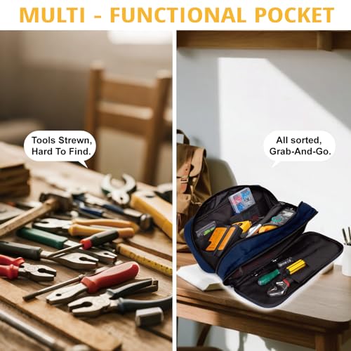Tactical Tool Bag for Men,Wide Mouth Tool Pouch with Water-Resistant, Multi-purpose Range Bags with Zipper Handle,Heavy Duty Small Tool box organizer for Repairman, Carpenters, Handyman - color: Blue