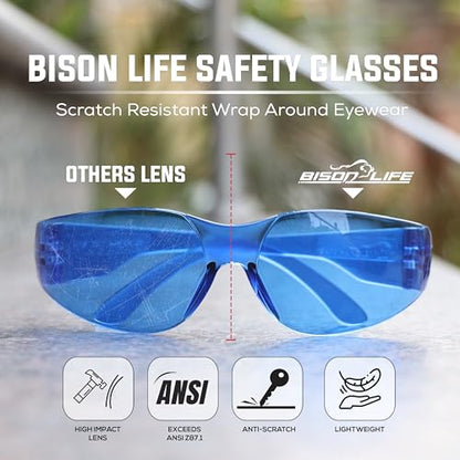 BISON LIFE Clear Safety Glasses – ANSI Z87.1 Scratch & Impact Resistant Wrap Around Eye Protection Goggles for Men & Women - color: Blue/Blue
