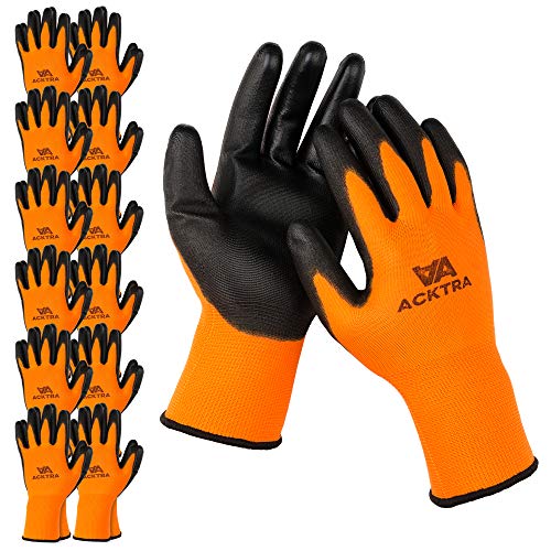 ACKTRA Ultra-Thin PU Safety WORK GLOVES 12 Pairs, WG002 Orange/Black, Small - color: Orange/Black, size: Small (Pack of 12)