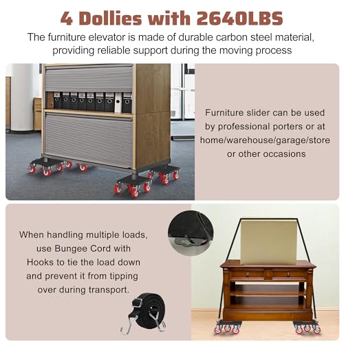 4 Packs Heavy Duty Furniture Dolly with 5 Wheels Rubber Silent Furniture Lift, 3300 lbs Load Capacity, Furniture Lift Tool Set Made of Premium Carbon Steel - size: 6.3in & 4 Dollies