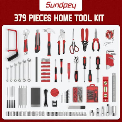 Sundpey Home Tool Kit with Drawer - 379-PCs Portable Complete Household and Auto Repair Tool Set - Hand General Basic Tool Box Storage Case - Full Basic Toolkit for Handyman & Diyer & Homeowner Red - color: Red