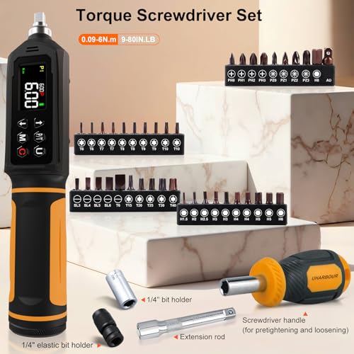 Digital Torque Screwdriver 0.09-6Nm, Torque Screwdriver Set with 1/4" Elastic Bit Holder, Extension Rod, Flat, Hex, Torx and Philips Bits, Suitable for Gunsmithing, DIY, Bicycle Maintenance - size: 9-80in.lb