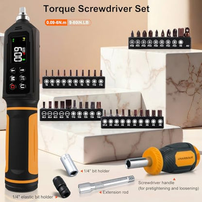 Digital Torque Screwdriver 0.09-6Nm, Torque Screwdriver Set with 1/4" Elastic Bit Holder, Extension Rod, Flat, Hex, Torx and Philips Bits, Suitable for Gunsmithing, DIY, Bicycle Maintenance - size: 9-80in.lb