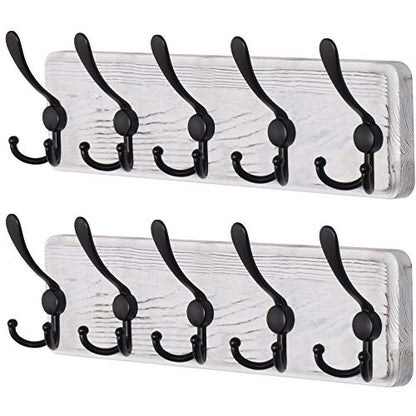 Dseap Coat Rack Wall Mounted - 5 Tri Hooks, Heavy Duty, Wooden Wall Coat Hanger Coat Hook for Clothes Hat Jacket Clothing, White & Black, Pack of 2 - color: White & Black, size: L=17.4"