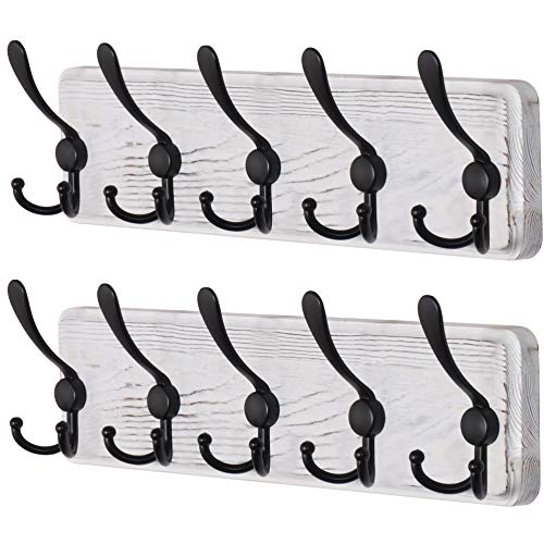 Dseap Coat Rack Wall Mounted - 5 Tri Hooks, Heavy Duty, Wooden Wall Coat Hanger Coat Hook for Clothes Hat Jacket Clothing, White & Black, Pack of 2 - color: White & Black, size: L=17.4"