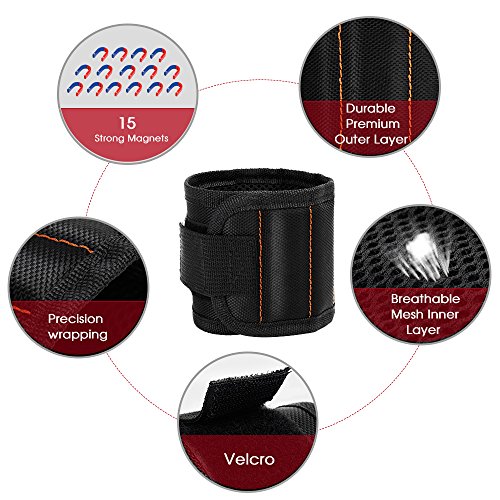 GOOACC GRC-61 1 Pack Wristband with 15 Strong Magnets Screws Nails Drill Bits Holding Best Unique Tool Gift for DIY Handyman Father Dad Husband Boyfriend Men Women,2 Years Warranty - color: Black 1 Pack