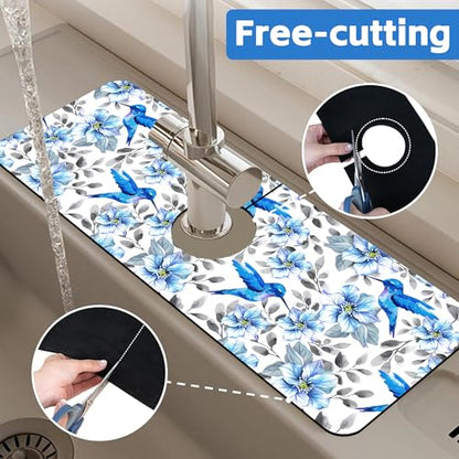 Blue Floral and Hummingbird Dish Drying Mat for Kitchen Sink Splash Guard Behind Faucet Sink Mat Absorbent Fast Drying Faucet Draining Mat for Bathroom Kitchen 5.5"×15" - size: 15" x 5.5"
