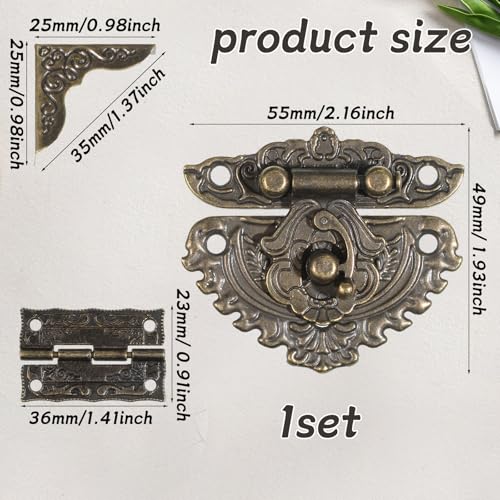 Jewelry Box Hardware, Antique Engraved Latch Hasp Jewelry Box Hinges and Corner Protectors Hardware Kit with Mounting Screws for Decorative Cabinet Small Wooden Boxes