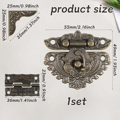 Jewelry Box Hardware, Antique Engraved Latch Hasp Jewelry Box Hinges and Corner Protectors Hardware Kit with Mounting Screws for Decorative Cabinet Small Wooden Boxes