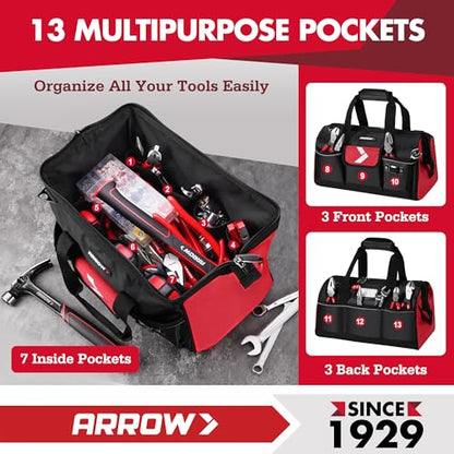 ARROW 16" Tool Bag Organizer with Anti-Slip Feet, Tool Bags for Men Heavy Duty, Wide Open Mouth, Large Capacity with 13 Pockets, Portable Toolbag for Electrician Mechanic Plumber HVAC - size: 16 Inch