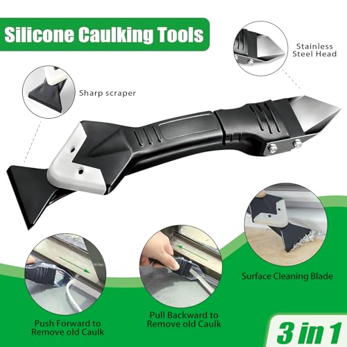 3 in 1 Silicone Caulking Tools, 11 Pack Grout Removal Sealant Finishing Tool with Scraper(Stainless Steelhead), 5 Exchange Silicone Pads, Ideal for Kitchen, Bathroom, Tub Tile, Window Sealing