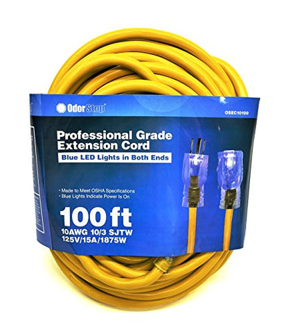 OdorStop OSEC10100 Extension Cords with Blue LED Lights on Both Ends, 10/3 SJTW, 100-ft - size: 10/3, 100 ft