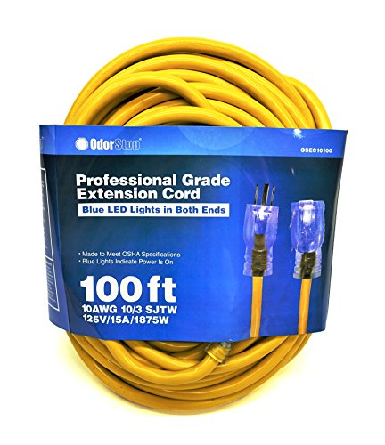 OdorStop OSEC10100 Extension Cords with Blue LED Lights on Both Ends, 10/3 SJTW, 100-ft - size: 10/3, 100 ft