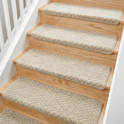 MBIGM Bullnose Non-Slip Stair Treads w/Reusable Adhesive 14 Pack 9.5" x 30" Wooden Steps Protection - TPU Backing with Steel Reinforcement - Anti-Slip Solution Basketweave Beige Non Slip Stair Tread - color: Beige - Basketweave