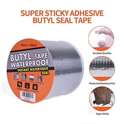 TAPEBEAR Butyl Tape Waterproof Sealing Tape Aluminum Foil Tape, for RV Repair, Window, Silicone, Glass & EDPM Roof Leak Patching, Boat and Pipe Sealing, Silver, 4inch x16feet - size: 100mm x 5m