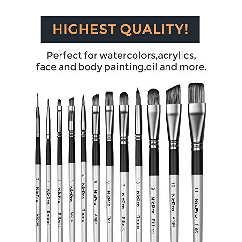 Nicpro 12PCS Artist Paint Brush Set, Craft Paint Brushes for Acrylic Painting, Oil, Watercolor, Gouache, Tempera, Face, Body, Fabric, Leather, Model, Art Supplies Paintbrushes for Artists Beginners - color: Silver
