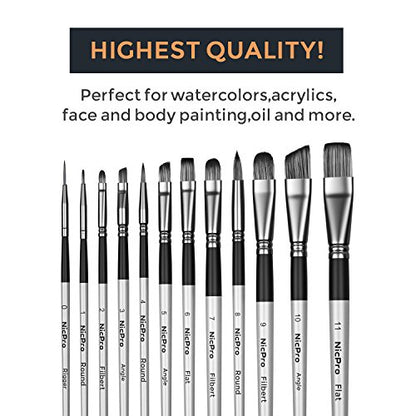 Nicpro 12PCS Artist Paint Brush Set, Craft Paint Brushes for Acrylic Painting, Oil, Watercolor, Gouache, Tempera, Face, Body, Fabric, Leather, Model, Art Supplies Paintbrushes for Artists Beginners - color: Silver