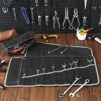 Kaaltisy Roll Up Tool Bag, 16OZ Waxed Canvas Tool Roll Organizer - 26" L x 12.5" W, Regular Wrench Slots + 1 Zipper Pocket + 1 Detachable Bag, Canvas Tool Storage Roll with Buckle for Hand Tool Set - color: Black