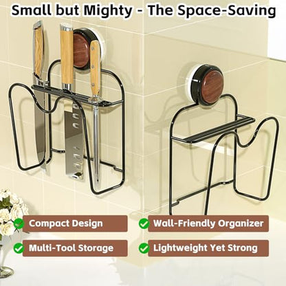 Wall Mounted Knife & Cutting Board Holder – No Drill Vacuum Suction Organizer with Slots for Knives, Cleavers & Kitchen Tools | Space-Saving Wall/Under-Cabinet Iron Rack