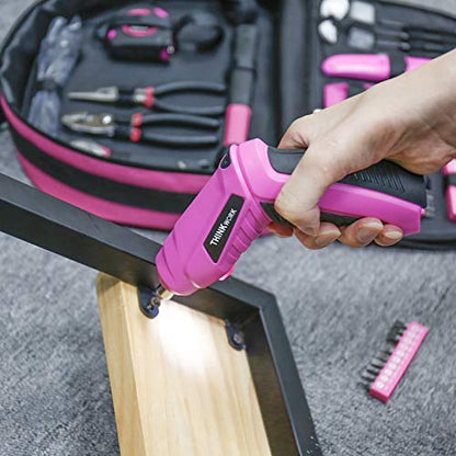 THINKWORK 122-Piece Pink Tool Set with 3.6V Rotatable Electric Screwdriver, Home Tool Kit for Women with Easy Carrying Round Pouch, Ladies Pink Tool Kit for Home Maintenance, DIY, Gifts - style: 122-Piece