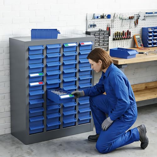 40 Drawer Parts Storage Cabinet, 21"X 9"X 25" ABS Drawer Nut and Bolt Organizer, Heavy Duty Alloy Steel Storage Bolt Bin with 200 Dividers and 80 Labels for Garage Workshop Organization - size: 40-Drawer