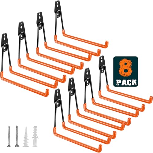 HUPBIPY Heavy Duty Garage Hooks 8 Pack, 7.7 inch U Shaped Long Hanger, Wall Mounted Storage System, Power and Garden Tool Organizer, for Hanging Ladders, Bikes, Hose, Bulk Items and More - color: Orange 8Pack, size: 7.7inch U Hook