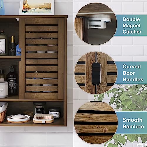 SMIBUY Bathroom Cabinet Wall Mounted, Bamboo Over-The-Toilet Storage Organizer, Space Saver Medicine Cabinet with 2 Door and Adjustable Shelves (Walnut) - color: Walnut