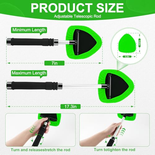 JUSTTOP Windshield Cleaner Tool, Car Interior&Exterior Window Cleaning Tool with Extendable Handle & 4 Reusable Microfiber Pads, Auto Glass Wiper Brush Kit for Cars (Green) - color: Green