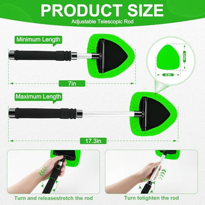 JUSTTOP Windshield Cleaner Tool, Car Interior&Exterior Window Cleaning Tool with Extendable Handle & 4 Reusable Microfiber Pads, Auto Glass Wiper Brush Kit for Cars (Green) - color: Green