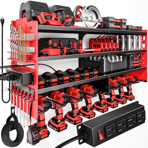 POKIPO Large Power Tool Organizer Wall Mount with Charging Station,4 Layer Heavy Duty Metal Tool Storage Shelf Loads 600lbs,Battery Utility Rack With 4 Outlet Power Strip with 8 Cordless Drill Holder - color: Red, size: Large with Power Station