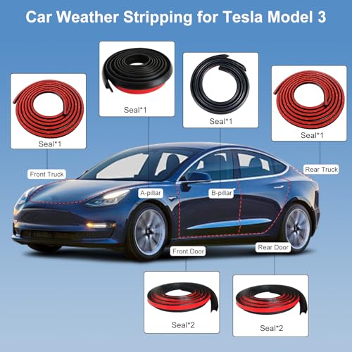 Car Weather Stripping for Tesla Model 3 Car Door Rubber Seal Strip Self Adhesive Auto Soundproofing Weatherstrip for Front/Rear Trunk A-Pillar B-Pillar Front/Rear Door - style: For Tesla Model 3