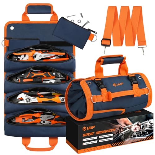 Tool Bag Roll Up, UUP Heavy Duty Rolled Empty Tool Storage Organization, Portable Foldable Rollup Organizer with 2 Small Pouches, Rollable Carrying Toolbag, Dad Men Mechanic Birthday Gift, Blue Orange - color: Blue Orange