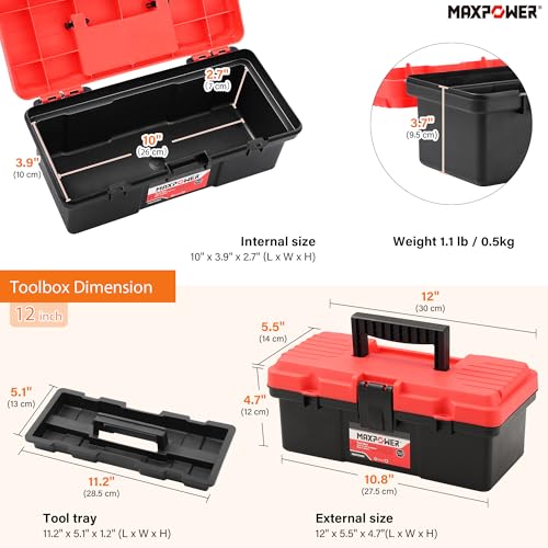 MAXPOWER 2-Piece Plastic Tool Box Set, 12-inch Mini Tool Box & 17-inch Handheld Toolbox, Lockable, Removable Tray, Top Small Parts Organizer Storage for Home, Garage, and DIY Projects - style: 12" 17" red