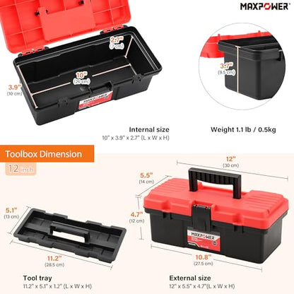 MAXPOWER 2-Piece Plastic Tool Box Set, 12-inch Mini Tool Box & 17-inch Handheld Toolbox, Lockable, Removable Tray, Top Small Parts Organizer Storage for Home, Garage, and DIY Projects - style: 12" 17" red