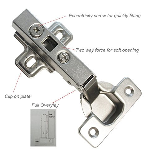 Probrico Clip On Full Overlay Frameless Furniture Cabinet Door Concealed Hinges, 1 Pair(2 Pieces)