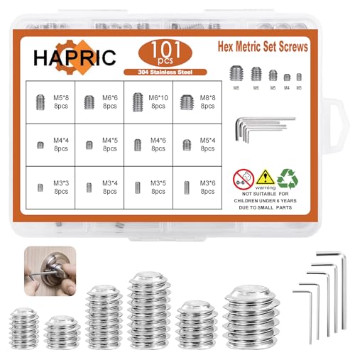 Hapric 101 Pcs 12 Size Set Screws Metric Set Screw Assortment Kit 304 Stainless Steel Head Socket Metric Sets Screws for Bathroom Fixtures Door Handles(M3-M8) - color: Silver-Metric-101 Pcs