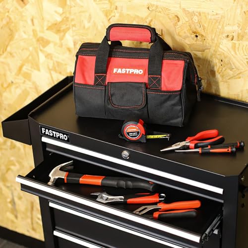 FASTPRO 220-Piece Home Tool Set, Household Repairing Tool Kit with 12-Inch Wide Mouth Open Storage Tool Bag, Red - color: Red