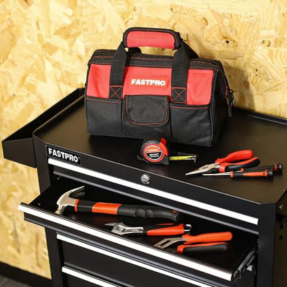 FASTPRO 220-Piece Home Tool Set, Household Repairing Tool Kit with 12-Inch Wide Mouth Open Storage Tool Bag, Red - color: Red