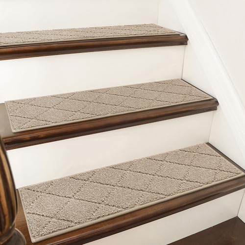 COSY HOMEER Edging Stair Treads Non-Slip Carpet Mat 28inX9in Indoor Stair Runners for Wooden Steps, Edging Stair Rugs for Kids and Dogs, 100% Polyester TPE Backing (10pc, Beige) - color: Beige, size: 28 X 9 Inches (10 Pieces)