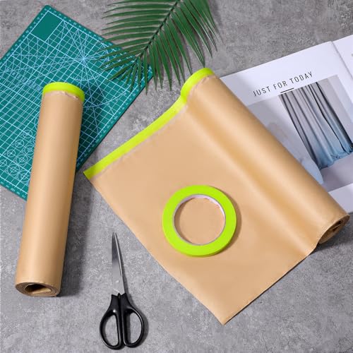 2 Rolls Pre-Taped Masking Paper for Painting 24 inch x 50 feet Tape and Drape Painters Painters Masking Tape Adhesive Protective Paper for Auto Body Covering Skirting Wall Covering
