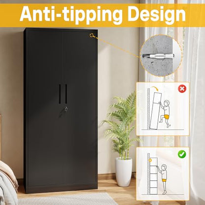 Metal Storage Cabinet with 2 Doors and 4 Adjustable Shelves, 72" Garage Storage Cabinet with Lock, Tall Garage Cabinets for Office, Home, Garage, Gym, School - size: 72.05"H x 17.72"D x 35.43"W