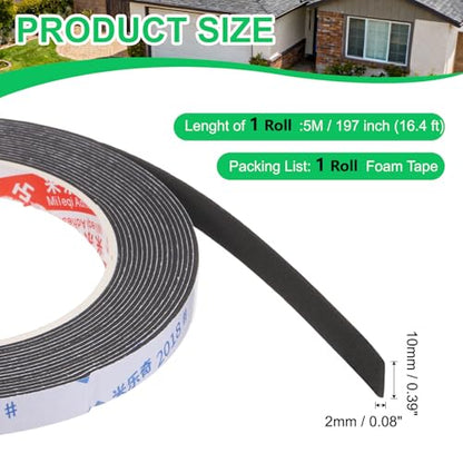 PATIKIL Sponge Rubber Foam Tape, 3/8" W x 5/64" t x 16.4ft l Self-Adhesive Foam Insulation Tape Weather Stripping for Window Door Soundproofing Weatherstrip AC Seal Strip, Black - size: 3/8" x 5/64" x 16.4ft