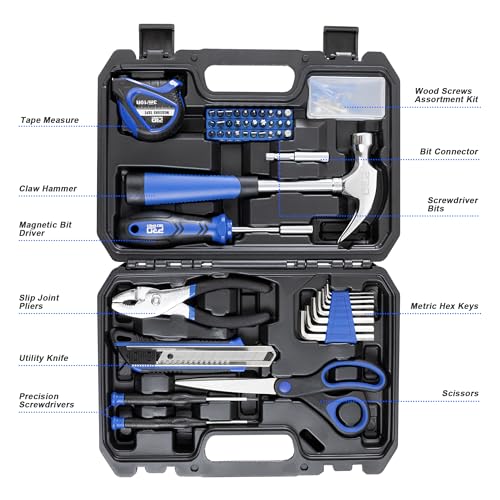 Prostormer 93-Piece Tool Kit, Basic Household Repair Tool Set with Toolbox Storage Case, Small Starter Tool Box Kit for Homeowners and College Students (Blue) - color: Blue