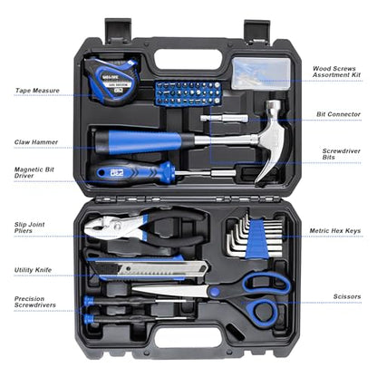 Prostormer 93-Piece Tool Kit, Basic Household Repair Tool Set with Toolbox Storage Case, Small Starter Tool Box Kit for Homeowners and College Students (Blue) - color: Blue