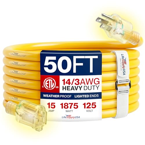 50ft Outdoor/Indoor Extension Cord 14/3 Gauge Heavy Duty 3 Prong SJTW, Waterproof, ETL Listed, Flexible Cold-Resistant Long Power Cord,15A 125V 1875W, Yellow by LifeSupplyUSA - color: Yellow, size: 50 FT, style: 14 Gauge (HEAVY DUTY)