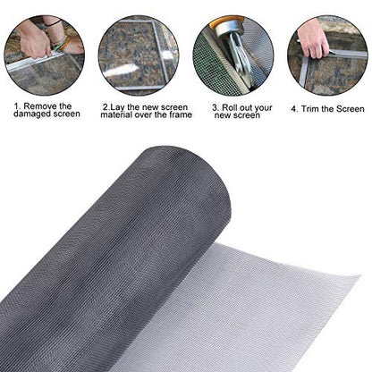 Screen Repair Kit for Windows and Doors 48” x 100" Adjustable Fiberglass Screens with Rolling Tool and Screen Retainer Spline - color: Black