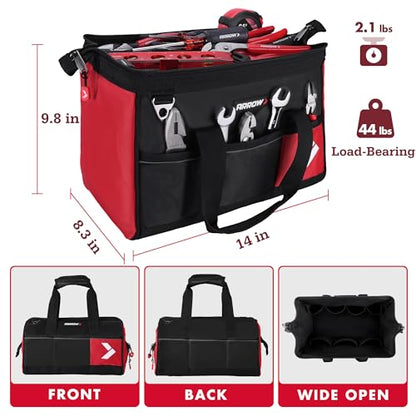 ARROW 14" Heavy Duty Tool Bag with Anti-Slip Feet, Tool Organizer Bag with Reflective Band, 840D Oxford Fabric, Multiple 11 Pockets, Soft Tool Bag for Men Women Electrician Mechanic Plumber HVAC - size: 14 Inch