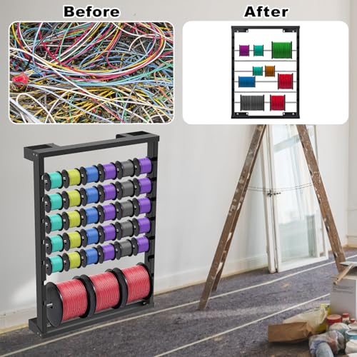 SELEWARE Heavy Duty Wall-Mounted Wire Spool Rack – Cable Reel Holder and Dispenser with 6 Adjustable Stainless Steel Rods for Industrial, Electrical, and Retail Storage and Display (Black) - color: C: Black Wall Mounted Wire Spool Rack (6 Rods)